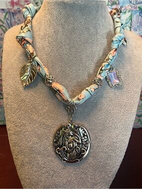 Handmade Floral Scarf Necklace with Silver Pendant - Light Blue